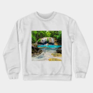 SCENERY 28 - Clear Blue Waterfall Around Green Forest Crewneck Sweatshirt